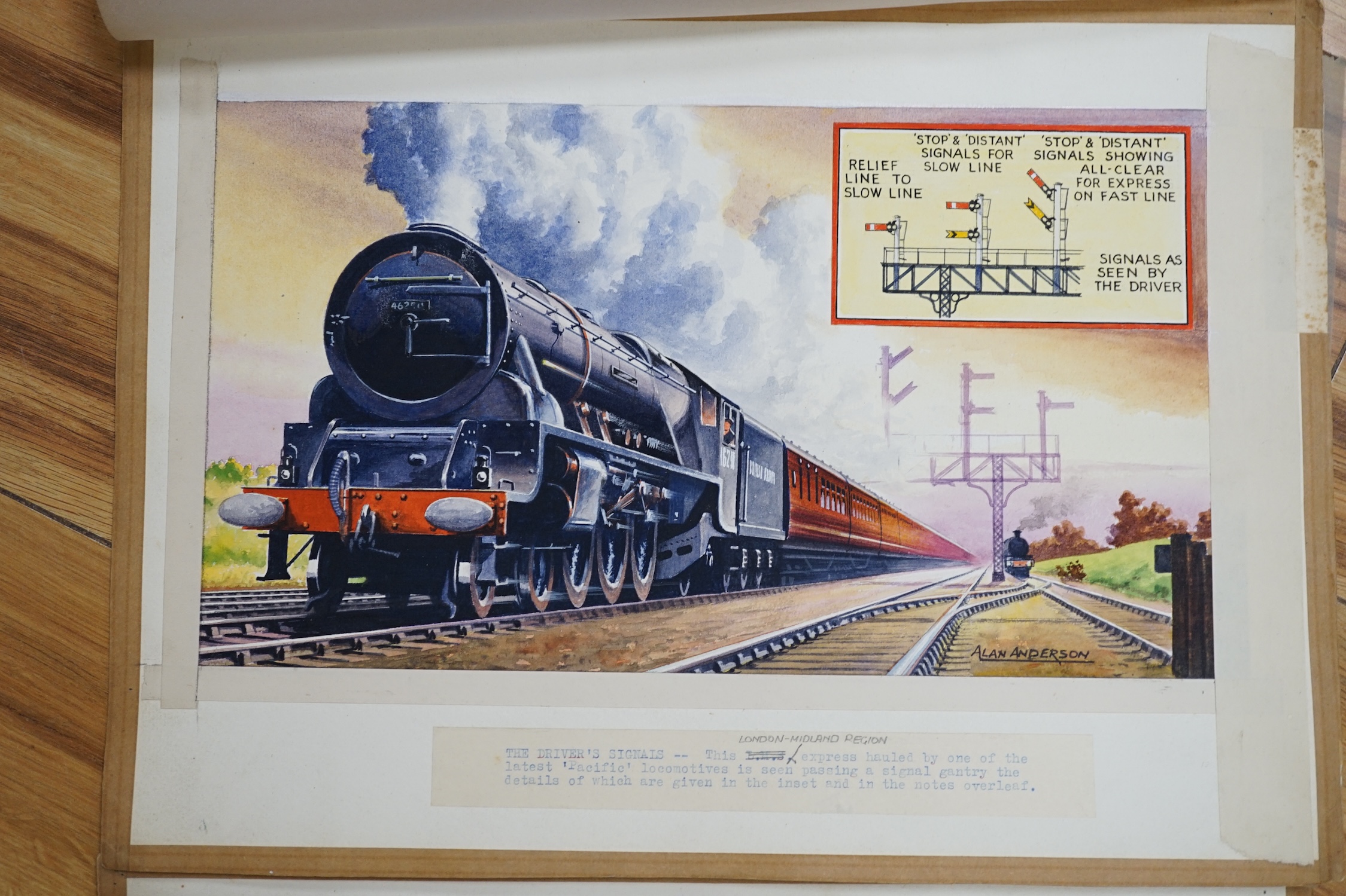 Alan Anderson, two original watercolours for postcard designs, steam locomotives, ‘London, Midland Region Express’ & ‘County Class Express’ signed, unframed, 28 x 38cm. Condition - fair to good